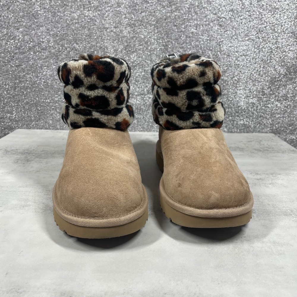 UGG Boots Womens 8 Fluff Mini Quilted Leopard Short Chestnut Tan Sheepskin - Picture 3 of 12